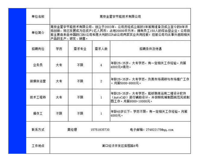 南京金星宇节能技术有限公司招聘