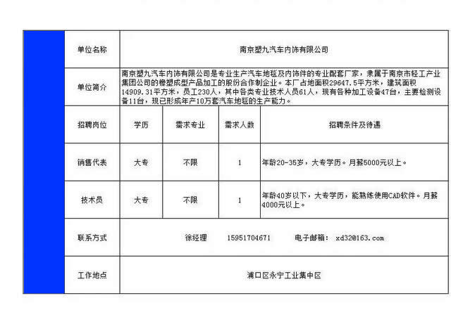 南京塑九汽车内饰有限公司招聘